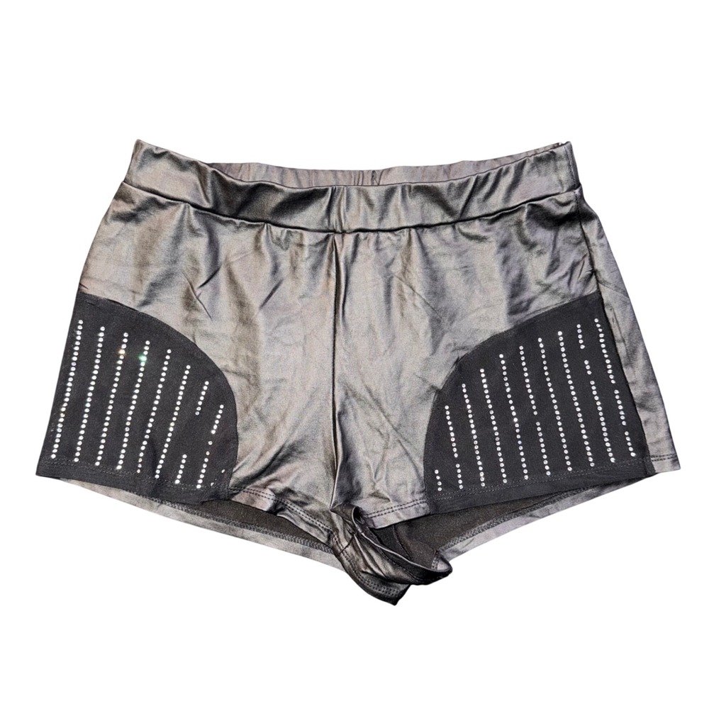 Faux Leather Liquid Metallic Booty Shorts Black Mesh Rhinestone Striped Rave S M